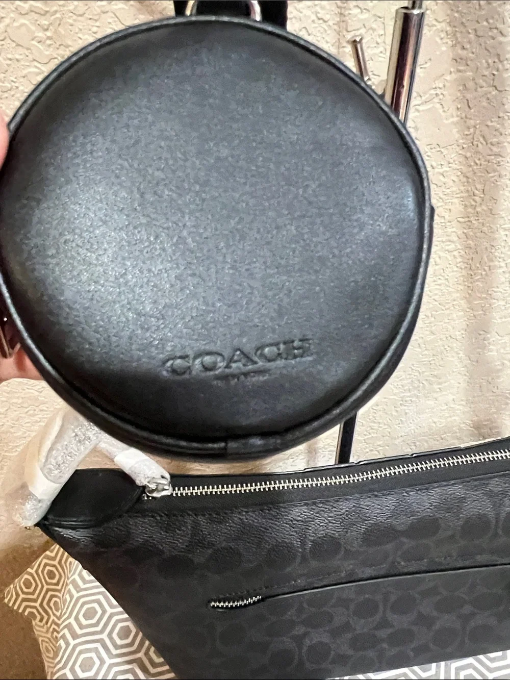 Coach Black Signature Messenger Bag with Blue Center Stripe CDC82.  SVA47